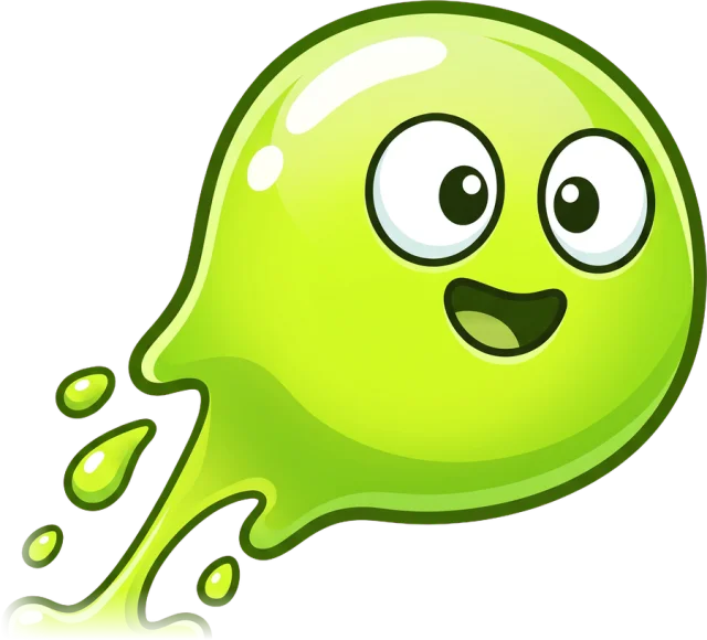 A happy green goo blob flying through the air